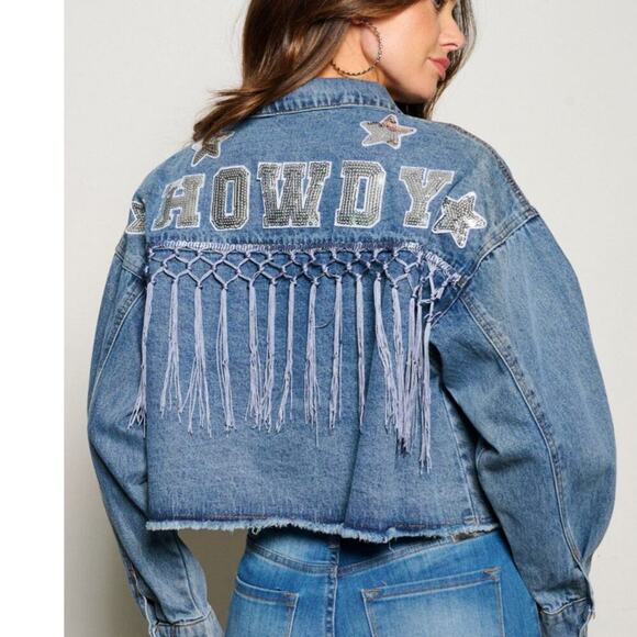 HOWDY Blue Jean Denim Jacket Sequins & Fringe Button Front Festival Country - Picture 2 of 4